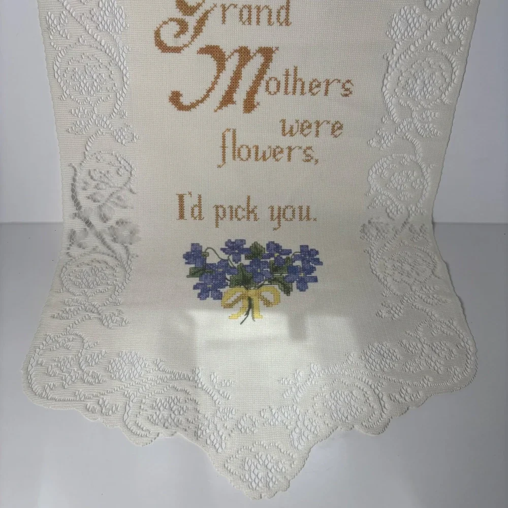 Vintage Cross Stitch Style Wall Hanging OS Cream Grandmother Flower Lace Banner